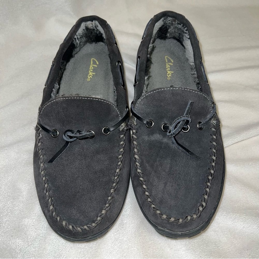 Clarks Moccasin Gray Men's Size 9 Upper Leather Slip On  Fur Lined Suede - Picture 11 of 11